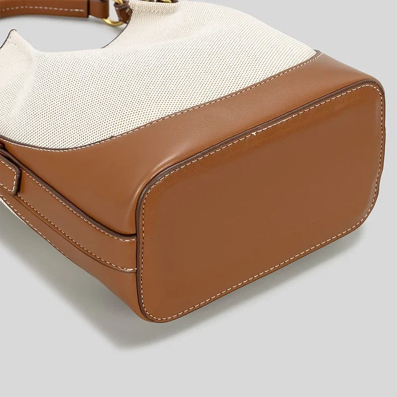 Women's Canvas & PU Leather Bucket Bag with Wide Crossbody Strap