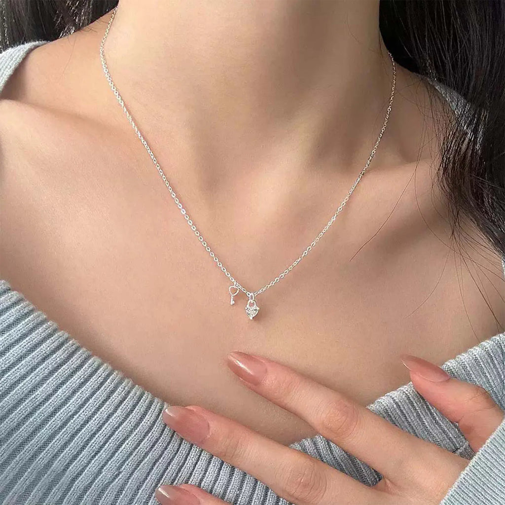 S925 Sterling Silver Unique Key and Heart Pendant Necklace Women Chain Jewelry