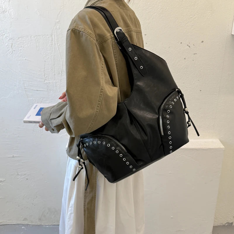 Women's Faux Leather Hobo Shoulder Bag with Zipper Closure