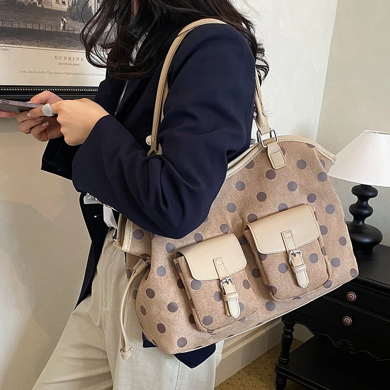 Women's Tote Bag Vintage Dot-Pattern Faux PU Leather Zipper Shoulder Bag with Phone Pocket