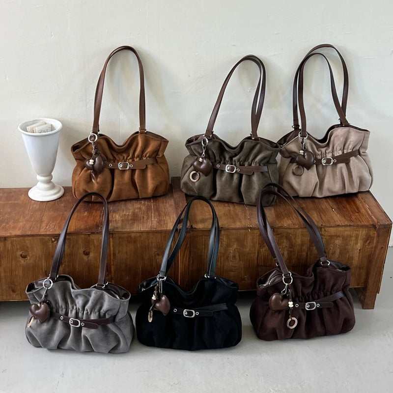 Women's Shoulder Bag Vintage Ruched PU Leather Zipper Tote Bag with Phone Pocket & Charm