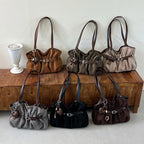 Women's Shoulder Bag Vintage Ruched PU Leather Zipper Tote Bag with Phone Pocket & Charm