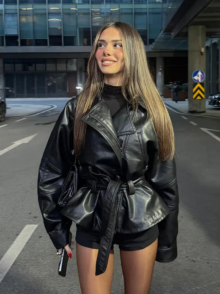 Women's Jacket Vintage Faux Leather Belted Turn-Down Lapel Full-Zip Full-Sleeve Short Motorcycle Coat