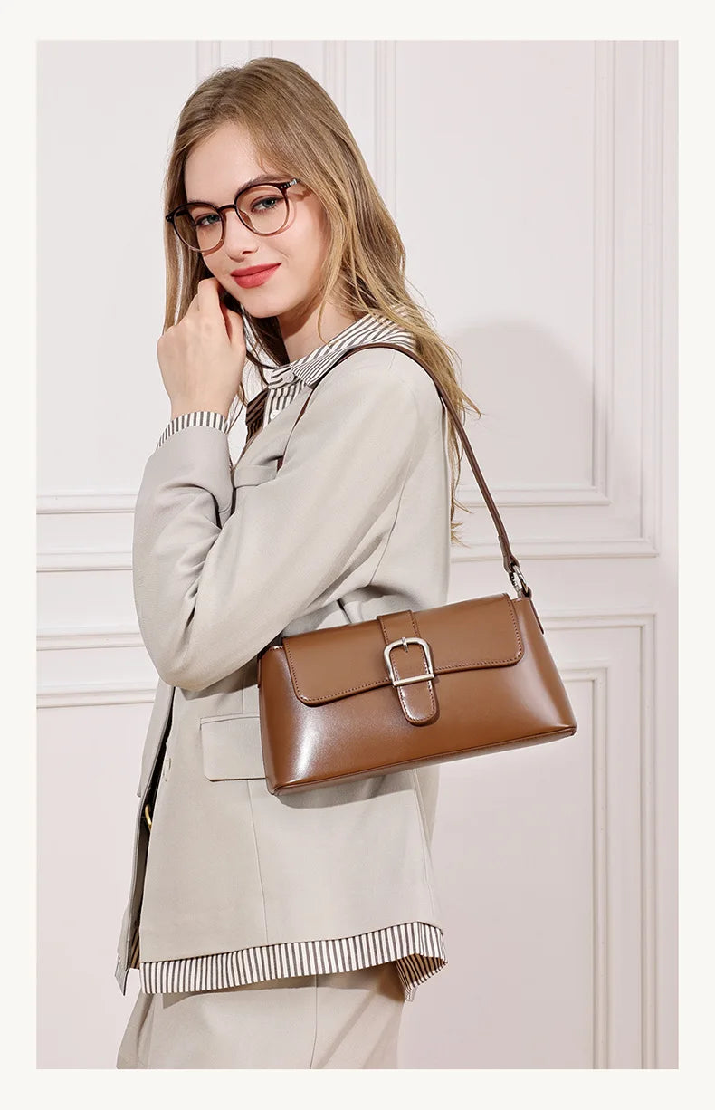 Women's Genuine Leather Baguette Shoulder Bag – Vintage Cowhide Crossbody