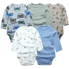 Overlapping display of five assorted long sleeve baby bodysuits with car, stripe, and travel print designs