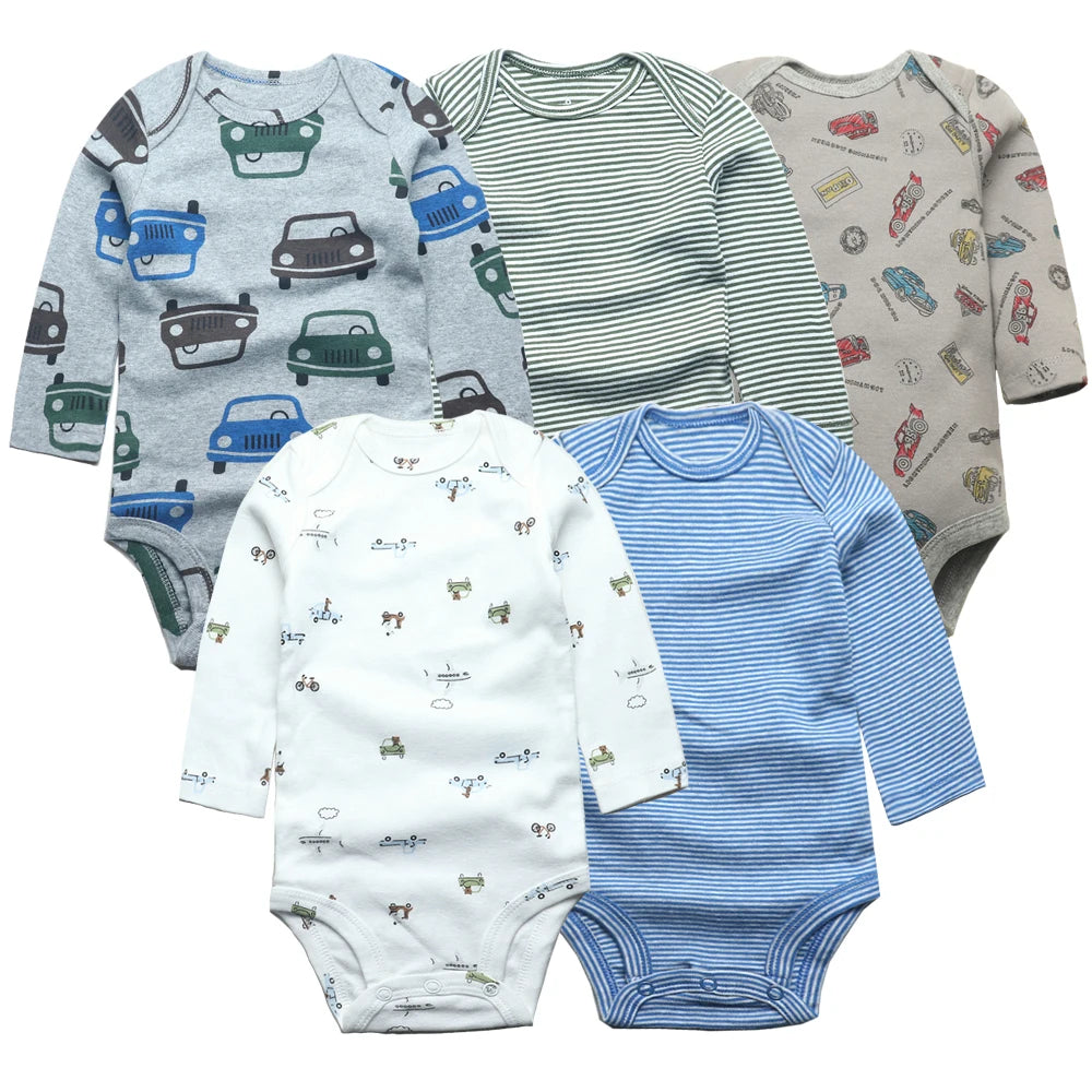 Overlapping display of five assorted long sleeve baby bodysuits with car, stripe, and travel print designs