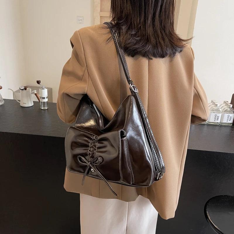 Leather Shoulder Bags Medium Women Flap Bow Drawstring Outer Pocket Zip Backpack