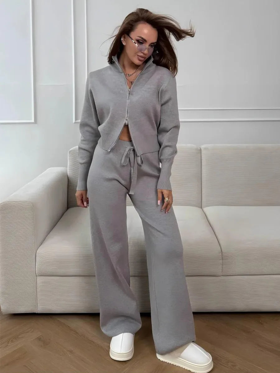 Women's Knit 2-Piece Set Zip-Up Stand Collar Cardigan Wide-Leg Ankle Pants Office Lady Autumn Winter Outfit