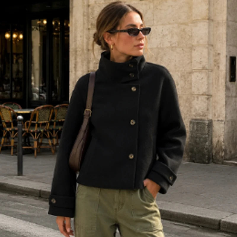 Women's Cropped High-Neck Button-Front Jacket