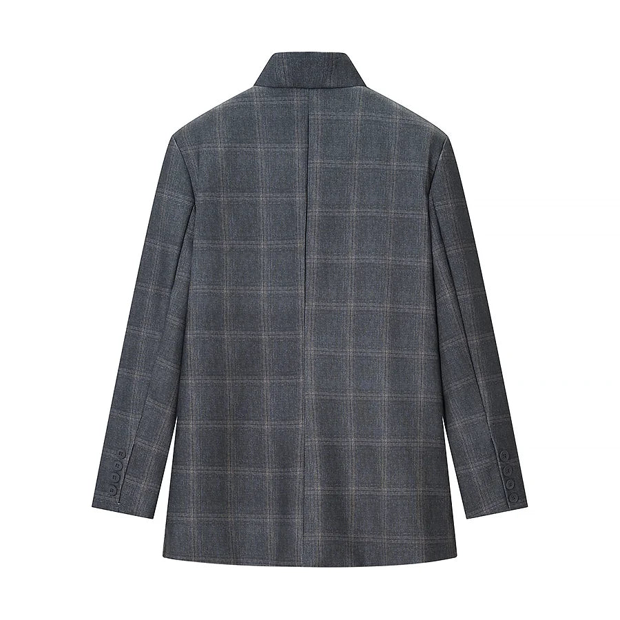 Women's Plaid Stand-Collar Single-Button Blazer Fashion High Street Outwear