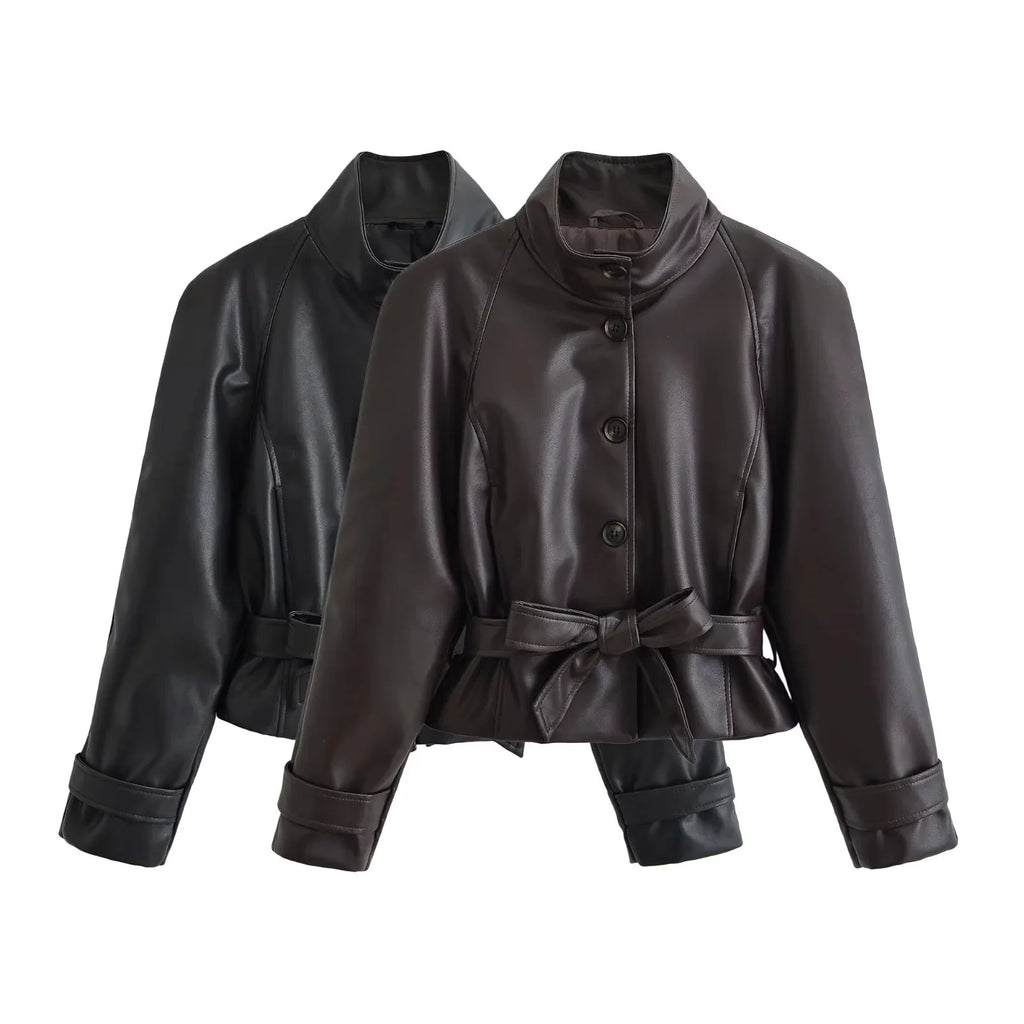 Women's Faux Leather Casual Fashion Jacket Belted Stand-Collar Button-Front Coat