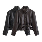 Women's Faux Leather Casual Fashion Jacket Belted Stand-Collar Button-Front Coat