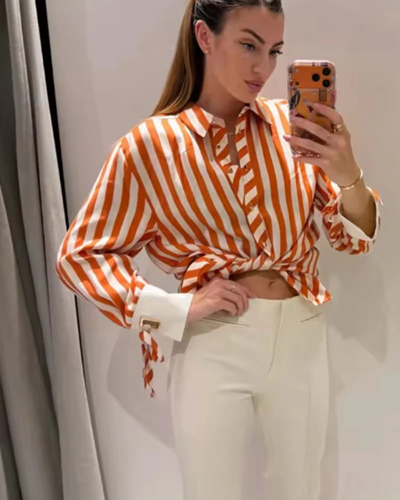 Women's Shirt 2026 Fashion Bow-tie Striped Top Long Sleeve Elegance Chic Daily