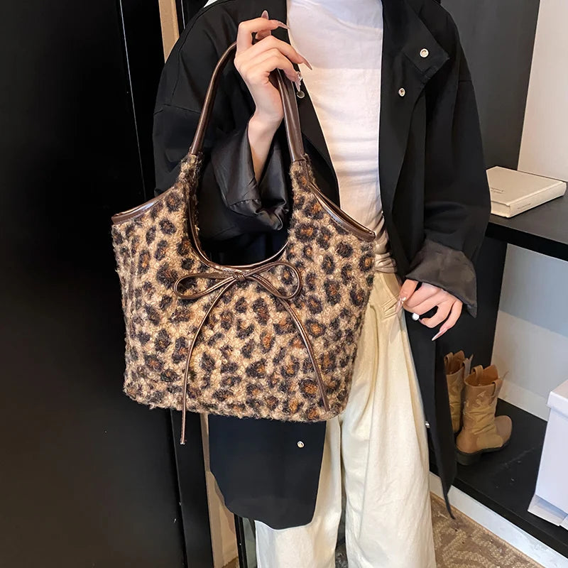 Large Leopard Shoulder Bags Women Curly Fur Soft Fabric Snap Tote Handbags