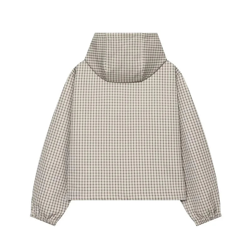 Women's Jacket Plaid Hooded Full-Zip Loose Turn-Down Collar Full-Sleeve Varsity Bomber Coat