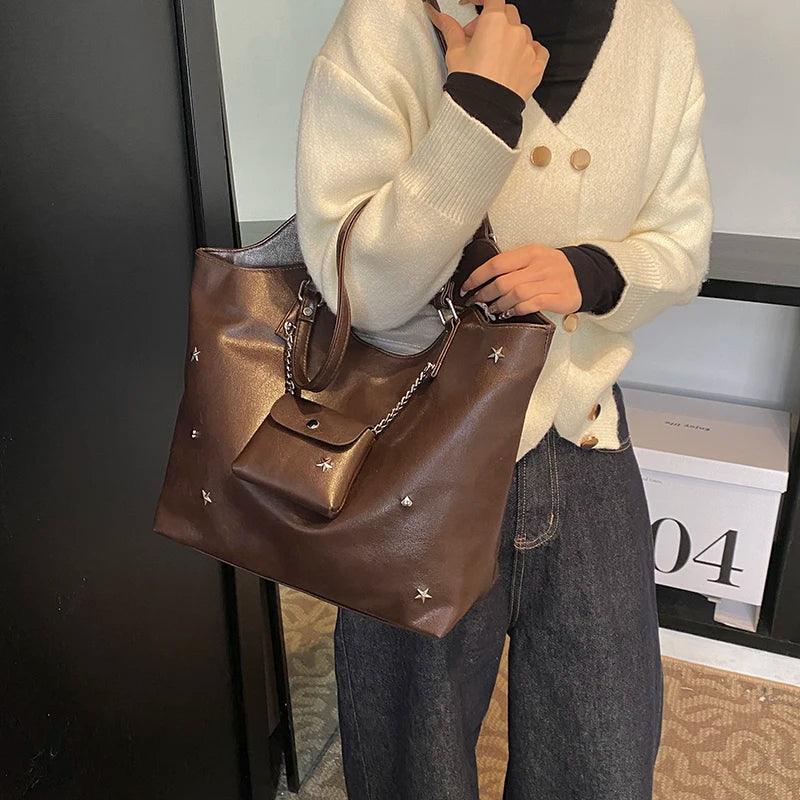 Large Leather Tote Bags Star Stud Chain Outer Coin Purse Style Women Zipper Handbags