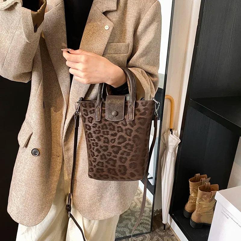 Leopard Nubuck Leather Bucket Bags Small Women Flap Snap Zipper Crossbody Purse