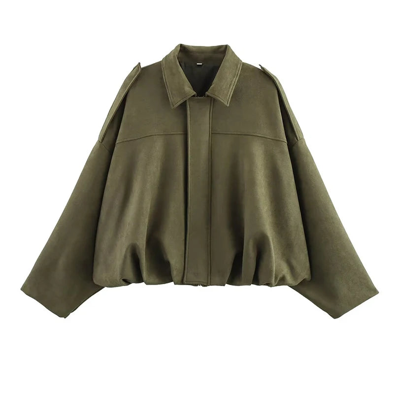 Women's Suede Textured Bomber Jacket Long Sleeve Lapel Collar Loose Coats Casual Outerwear