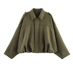 Women's Suede Textured Bomber Jacket Long Sleeve Lapel Collar Loose Coats Casual Outerwear