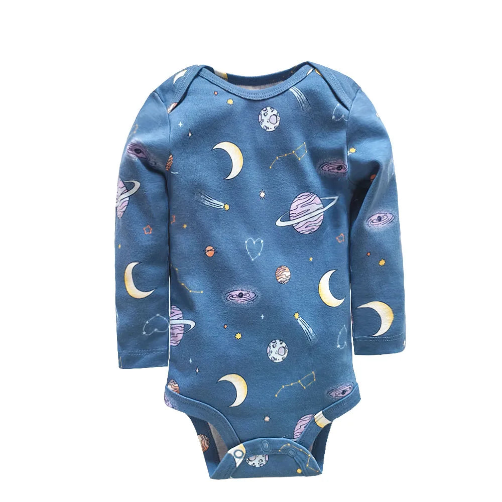 Navy blue celestial print onesie with moons and planets displayed flat with visible crotch snaps