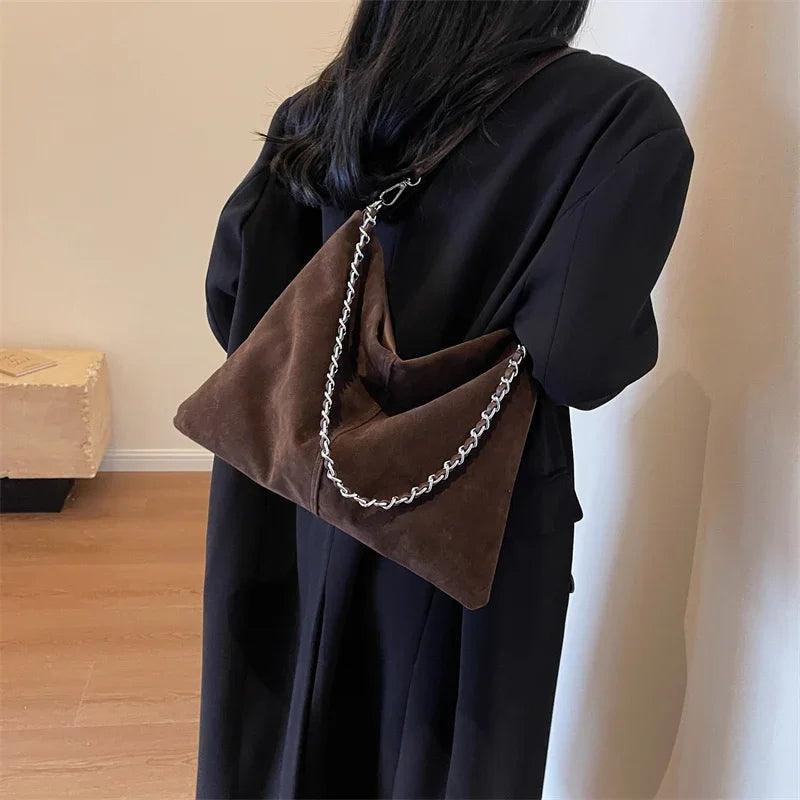 Large Shoulder Bags Nubuck Soft Leather Chain Strap Zipper Women Purses