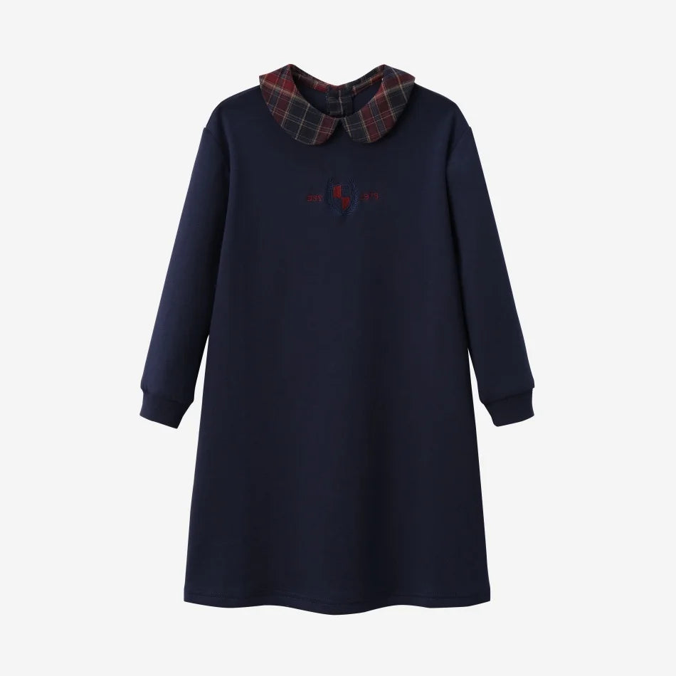 Vestido Varsity de Denim Azul Marinho para Crianças com Bordado