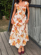 Floral Maxi Dress Ruffle Smocked Elastic High Waist Square Tie Neck Short Sleeve