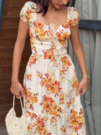 Floral Maxi Dress Ruffle Smocked Elastic High Waist Square Tie Neck Short Sleeve