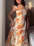 Floral Maxi Dress Ruffle Smocked Elastic High Waist Square Tie Neck Short Sleeve