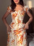 Floral Maxi Dress Ruffle Smocked Elastic High Waist Square Tie Neck Short Sleeve