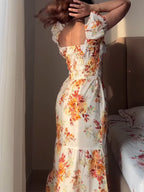 Floral Maxi Dress Ruffle Smocked Elastic High Waist Square Tie Neck Short Sleeve