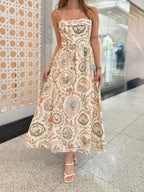 Midi Dress Floral Print Spaghetti Strap Casual Apricot Flower Sleeveless