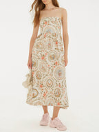 Midi Dress Floral Print Spaghetti Strap Casual Apricot Flower Sleeveless