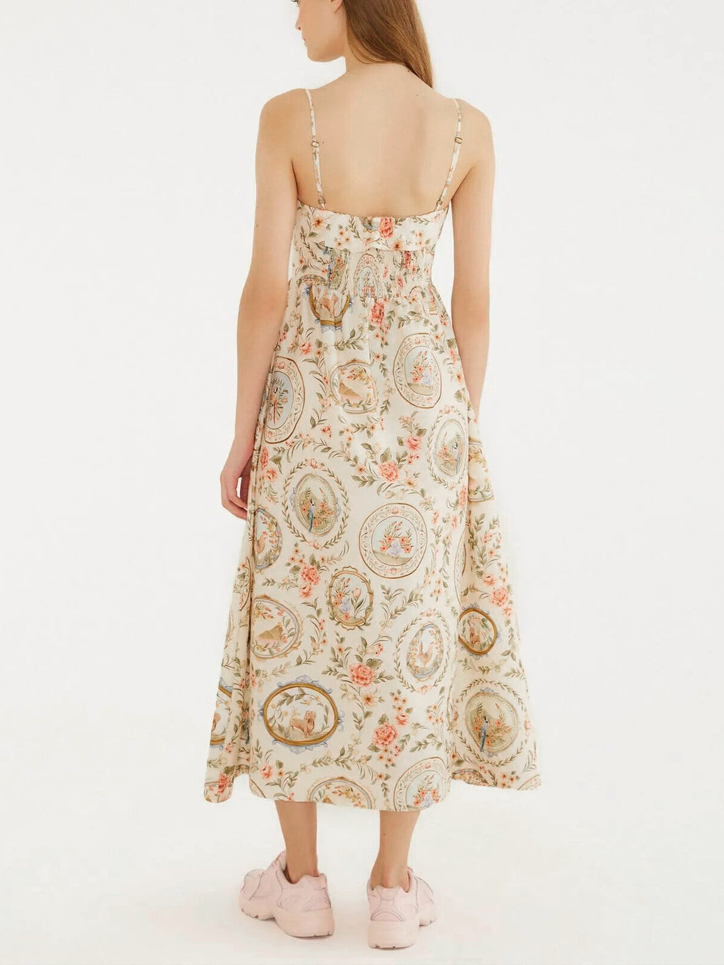 Midi Dress Floral Print Spaghetti Strap Casual Apricot Flower Sleeveless