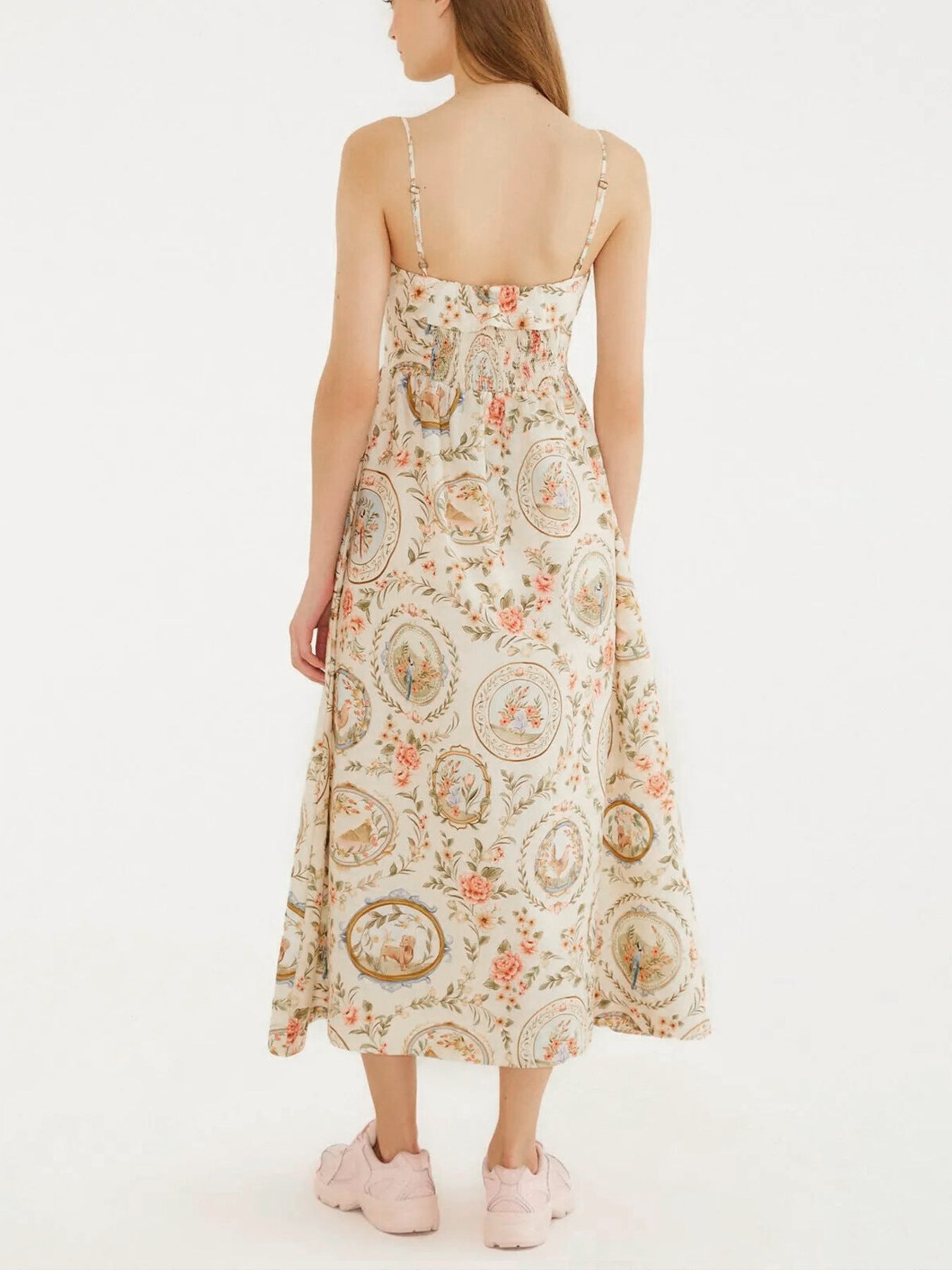 Midi Dress Floral Print Spaghetti Strap Casual Apricot Flower Sleeveless