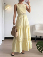 Maxi Dress Sleeveless Floral Lace Trim Round Neck Tied Ruffled Layered Yellow