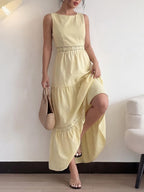 Maxi Dress Sleeveless Floral Lace Trim Round Neck Tied Ruffled Layered Yellow