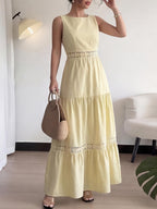 Maxi Dress Sleeveless Floral Lace Trim Round Neck Tied Ruffled Layered Yellow
