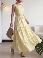 Maxi Dress Sleeveless Floral Lace Trim Round Neck Tied Ruffled Layered Yellow