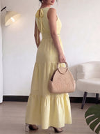 Maxi Dress Sleeveless Floral Lace Trim Round Neck Tied Ruffled Layered Yellow