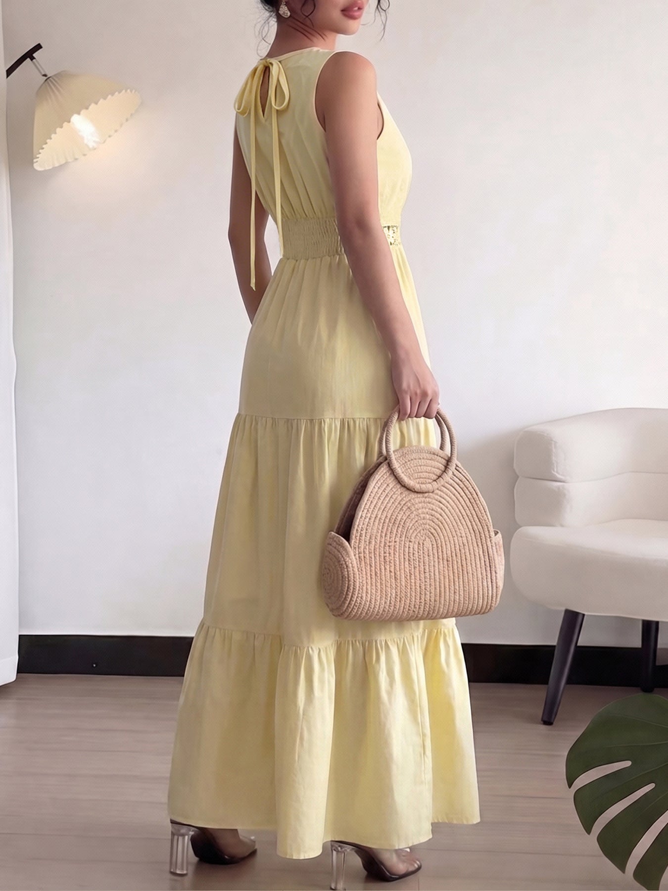 Maxi Dress Sleeveless Floral Lace Trim Round Neck Tied Ruffled Layered Yellow