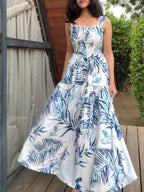 Maxi Dress Lace Floral Blue Lace Trim Square Neck Strappy Sleeveless