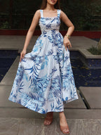 Maxi Dress Lace Floral Blue Lace Trim Square Neck Strappy Sleeveless
