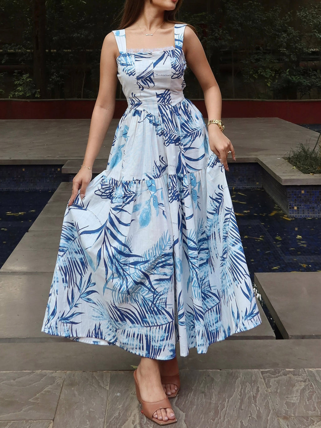 Maxi Dress Lace Floral Blue Lace Trim Square Neck Strappy Sleeveless