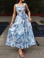 Maxi Dress Lace Floral Blue Lace Trim Square Neck Strappy Sleeveless
