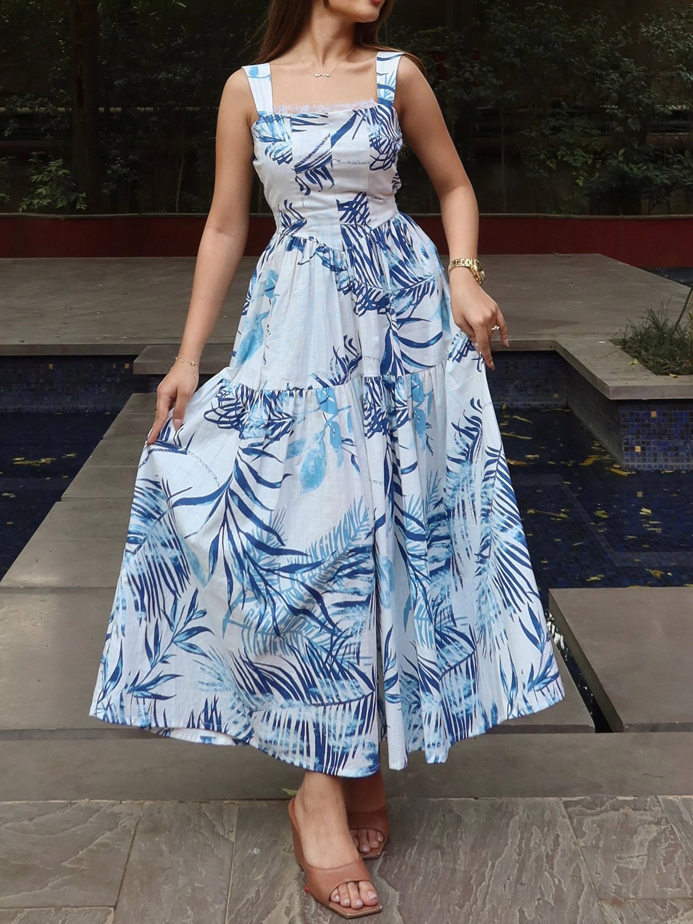 Maxi Dress Lace Floral Blue Lace Trim Square Neck Strappy Sleeveless