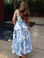 Maxi Dress Lace Floral Blue Lace Trim Square Neck Strappy Sleeveless