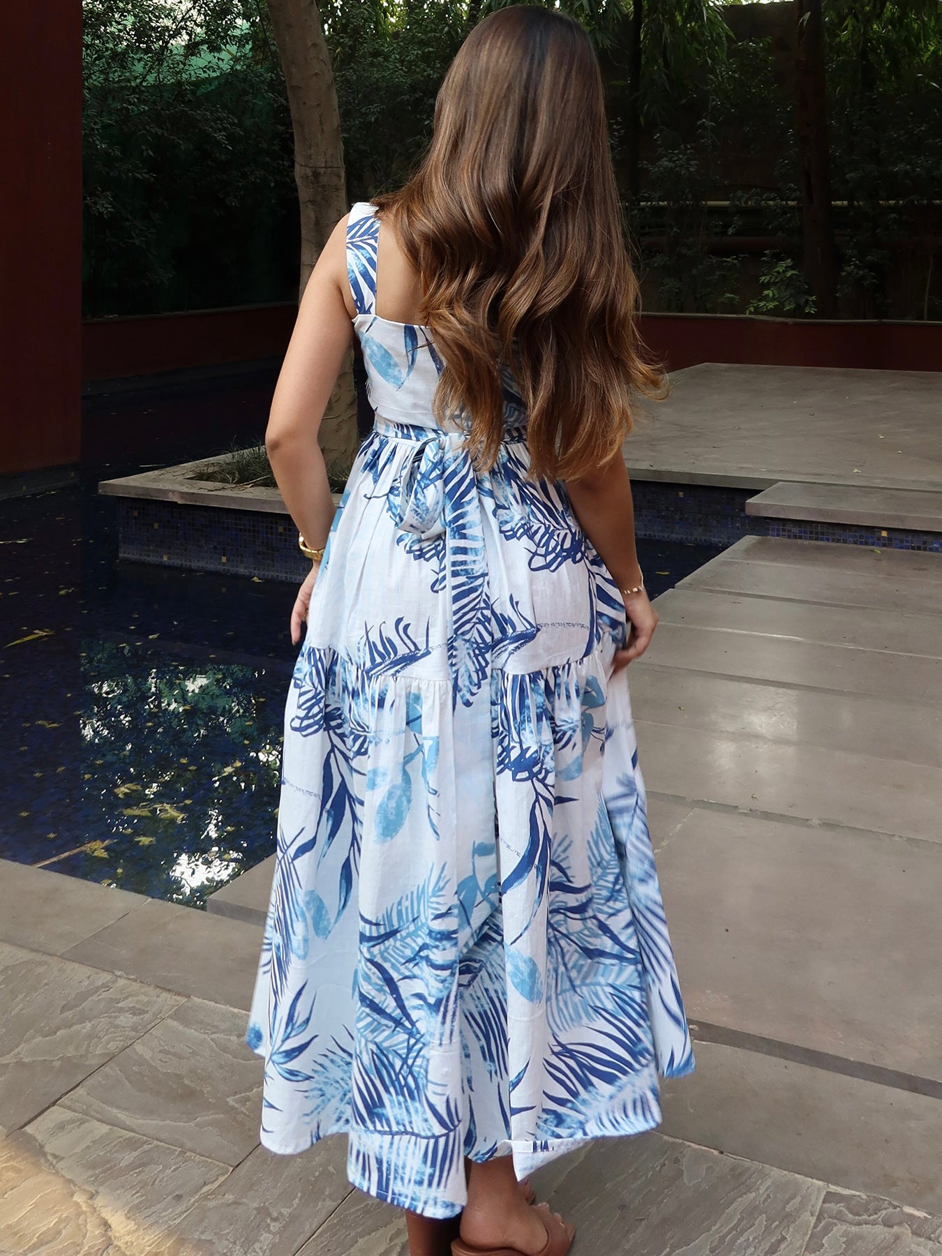 Maxi Dress Lace Floral Blue Lace Trim Square Neck Strappy Sleeveless