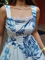 Maxi Dress Lace Floral Blue Lace Trim Square Neck Strappy Sleeveless