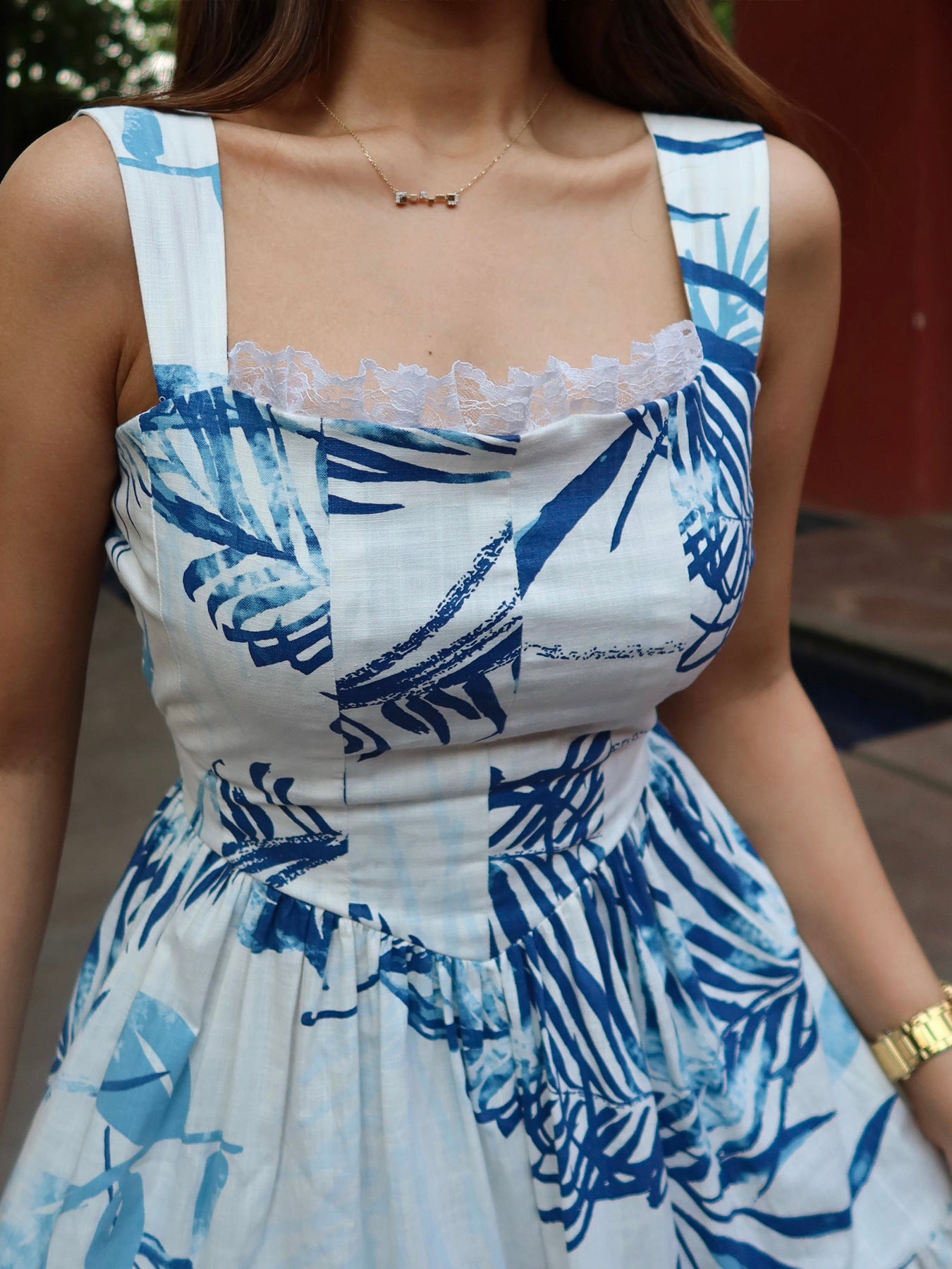 Maxi Dress Lace Floral Blue Lace Trim Square Neck Strappy Sleeveless